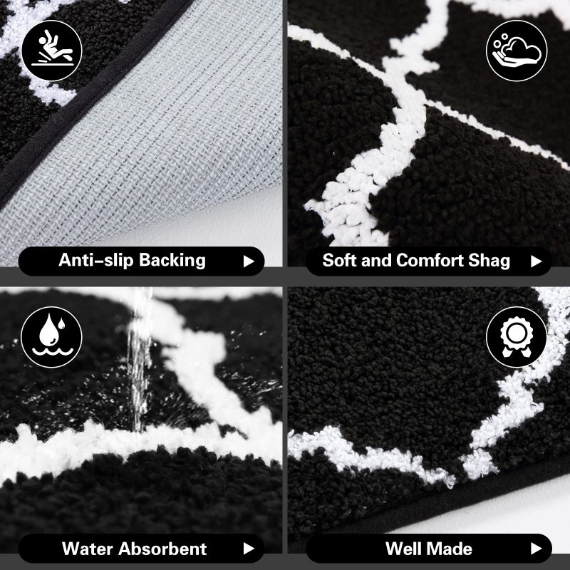 Carvapet 2 Pieces Microfiber Moroccan Trellis Non-Slip Soft Kitchen Mat Bath Rug Doormat Runner Carpet Set, 20"x63"+20"x31", Black - Image 2